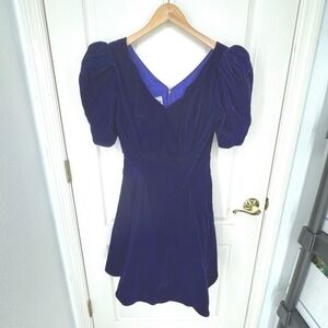 Vtg Jump Velvet Puff Sleeve Mini Dress Dark Purple 9 Fit Flare Party Whimsigoth‎